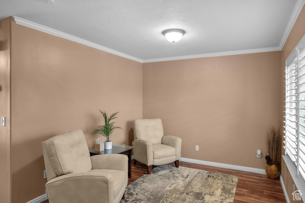 Sitting room with ornamental molding and dark hardwood / wood-style floors
