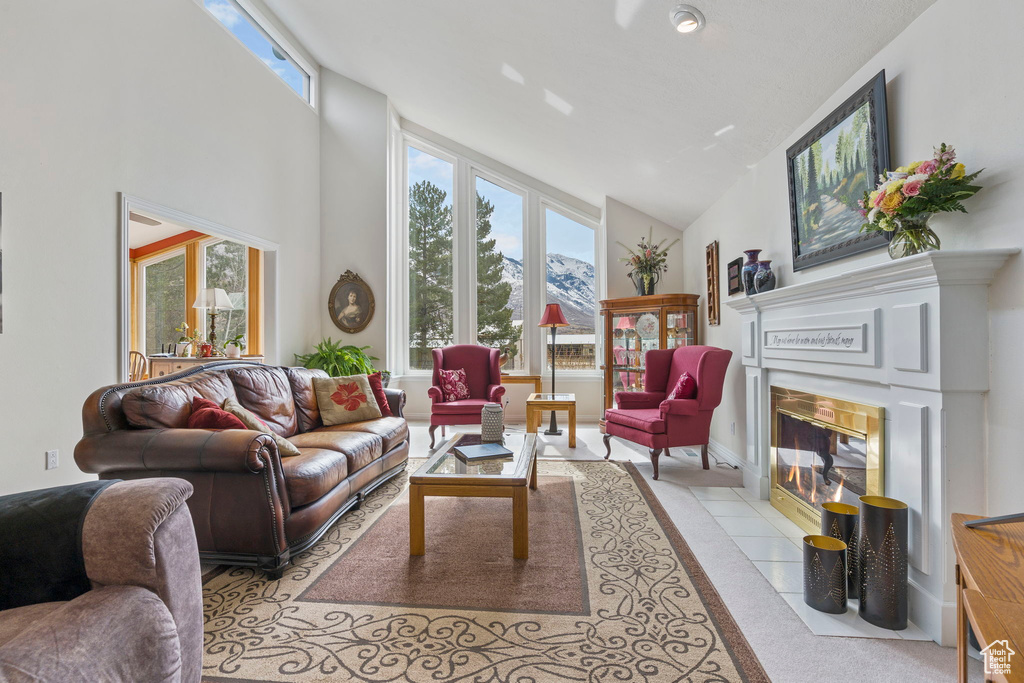 Living room featuring high vaulted ceiling