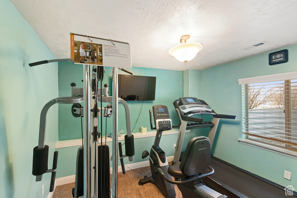 Workout room featuring carpet flooring and a textured ceiling