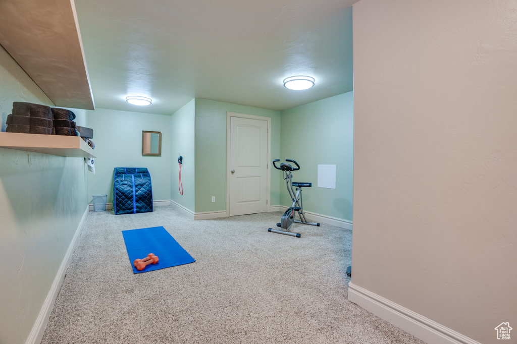 Exercise area with light colored carpet