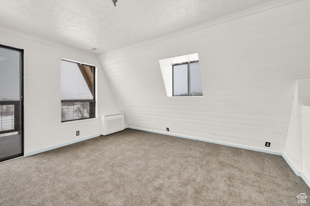 Carpeted empty room with lofted ceiling