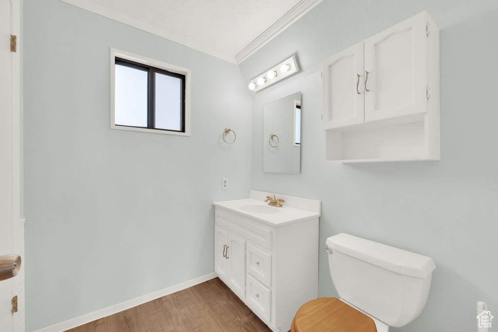Bathroom with hardwood / wood-style flooring, vanity, toilet, and ornamental molding