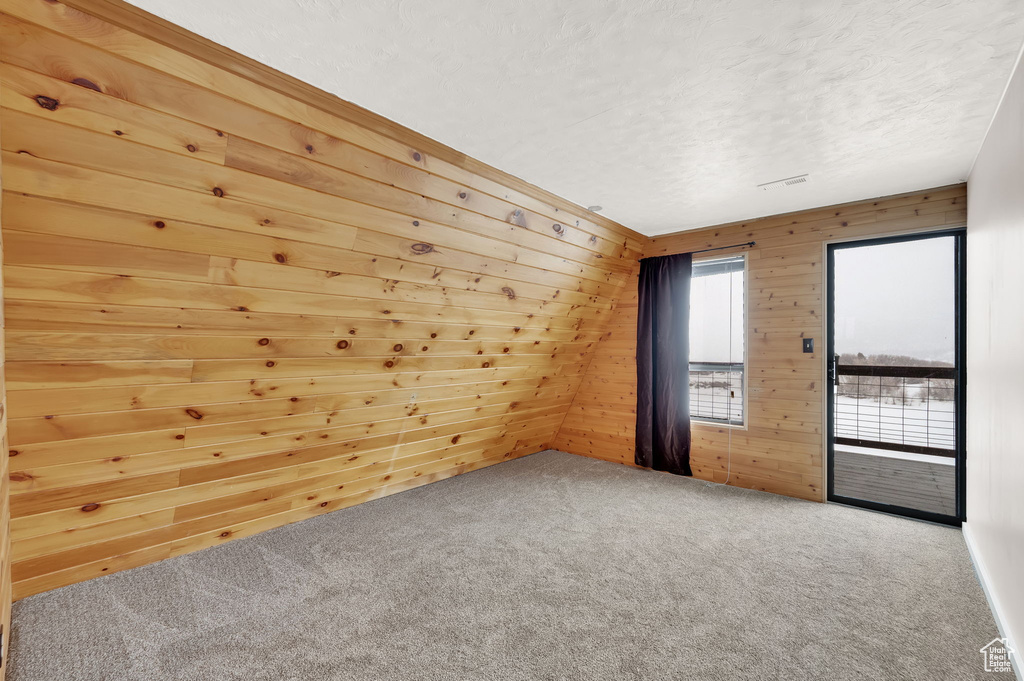 Unfurnished room featuring light colored carpet and wood walls