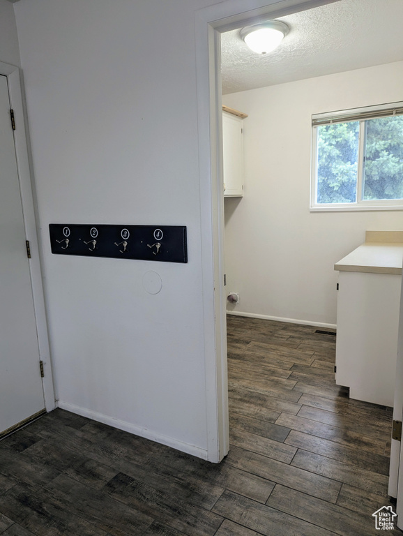 Laundry area with a textured ceiling and dark hardwood / wood-style flooring