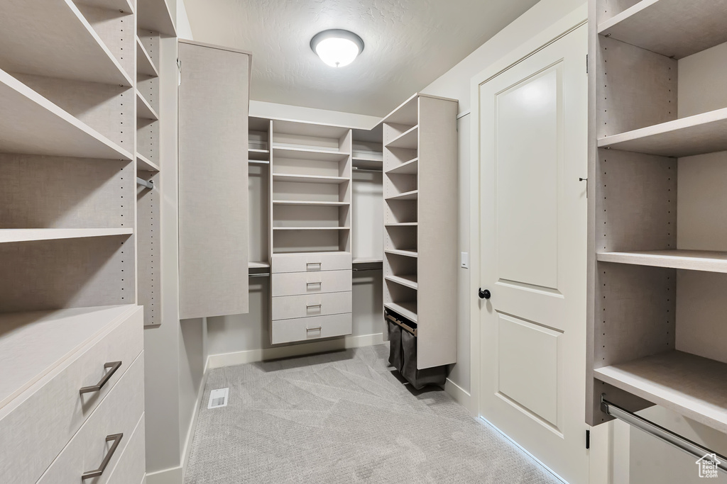 Spacious closet featuring light colored carpet