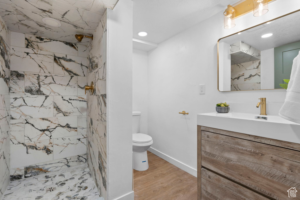 Bathroom with hardwood / wood-style flooring, toilet, and vanity with extensive cabinet space