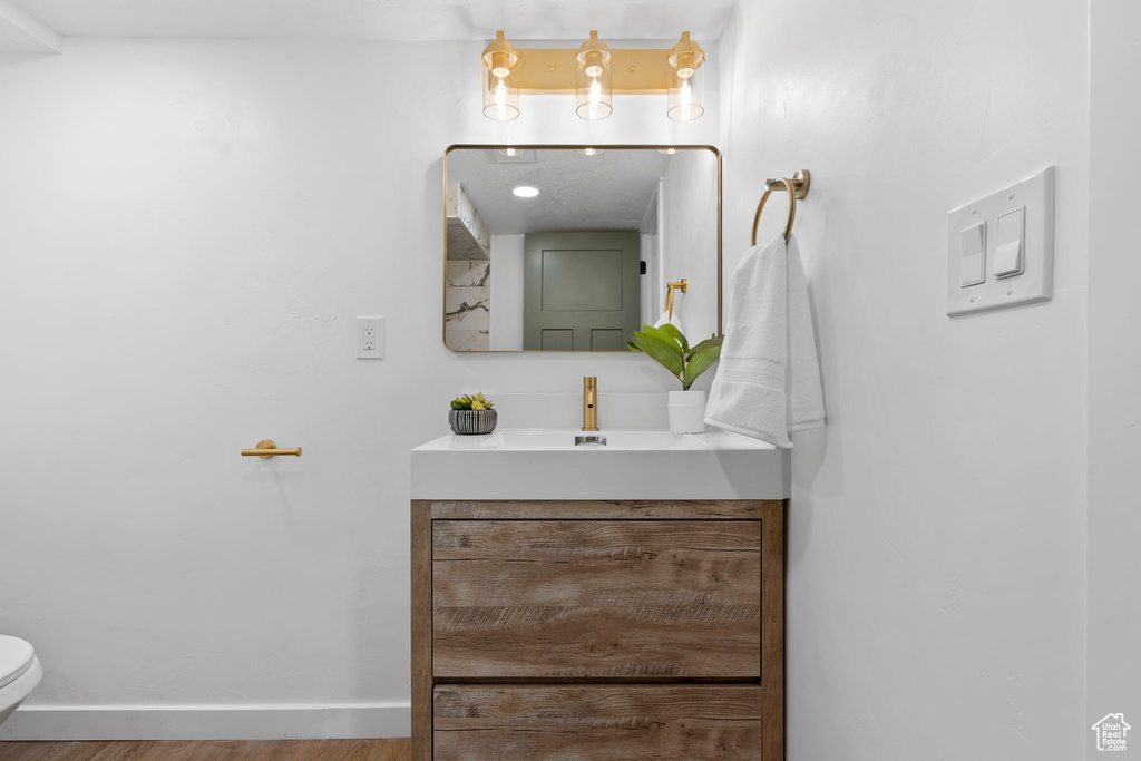 Bathroom featuring hardwood / wood-style flooring, toilet, and large vanity