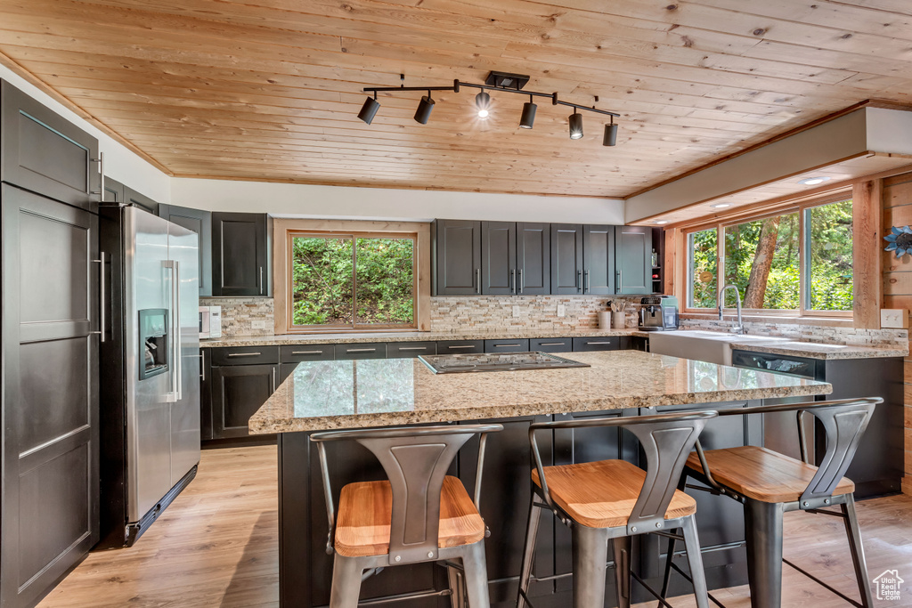 Kitchen featuring backsplash, a center island, light hardwood / wood-style floors, rail lighting, and high end refrigerator