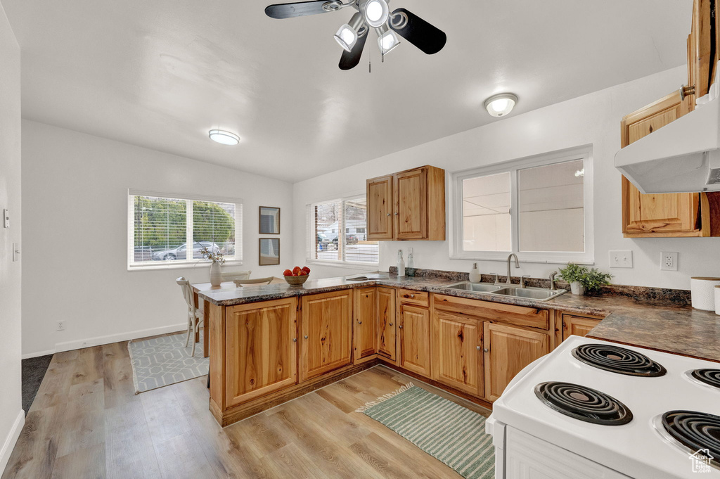 Kitchen featuring sink, lofted ceiling, kitchen peninsula, light hardwood / wood-style flooring, and ceiling fan