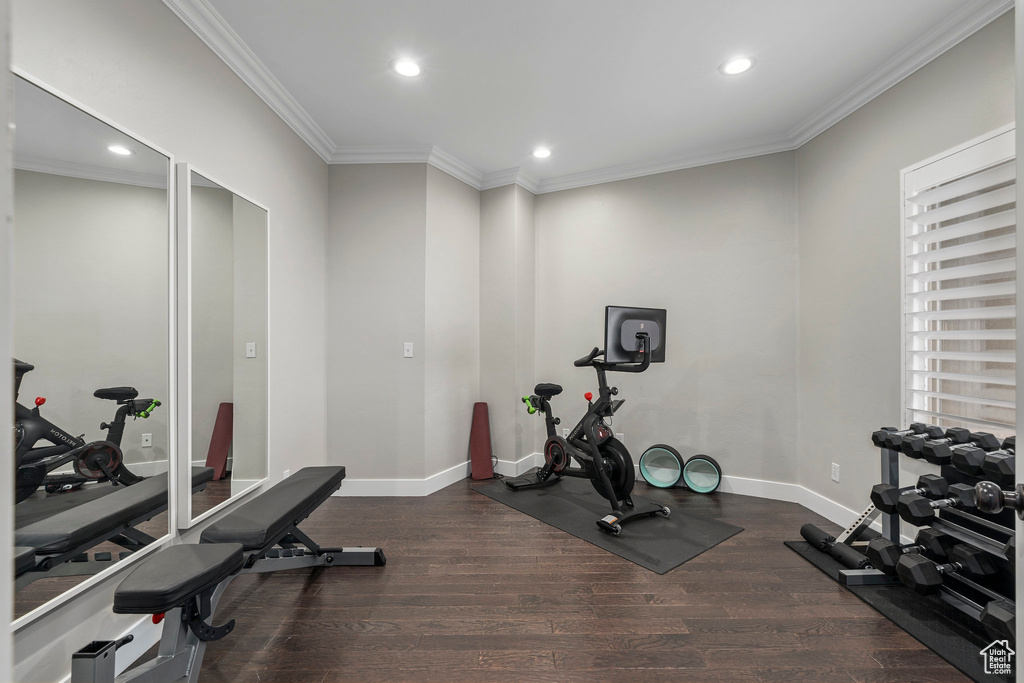 Exercise room featuring dark wood-type flooring and ornamental molding