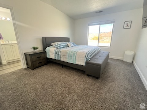 Bedroom featuring ensuite bathroom and carpet flooring