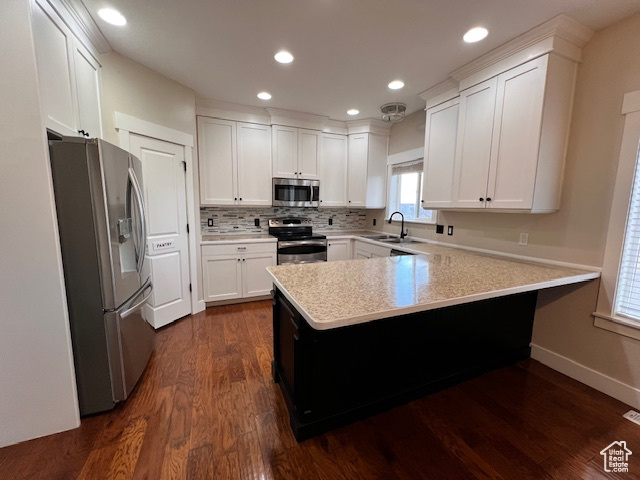 Kitchen with backsplash, kitchen peninsula, white cabinets, stainless steel appliances, and dark wood-type flooring