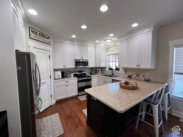 Kitchen featuring white cabinetry, appliances with stainless steel finishes, dark hardwood floors, a kitchen breakfast bar, and sink