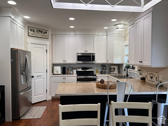 Kitchen featuring white cabinetry, dark hardwood flooring, appliances with stainless steel finishes, a kitchen breakfast bar, and sink