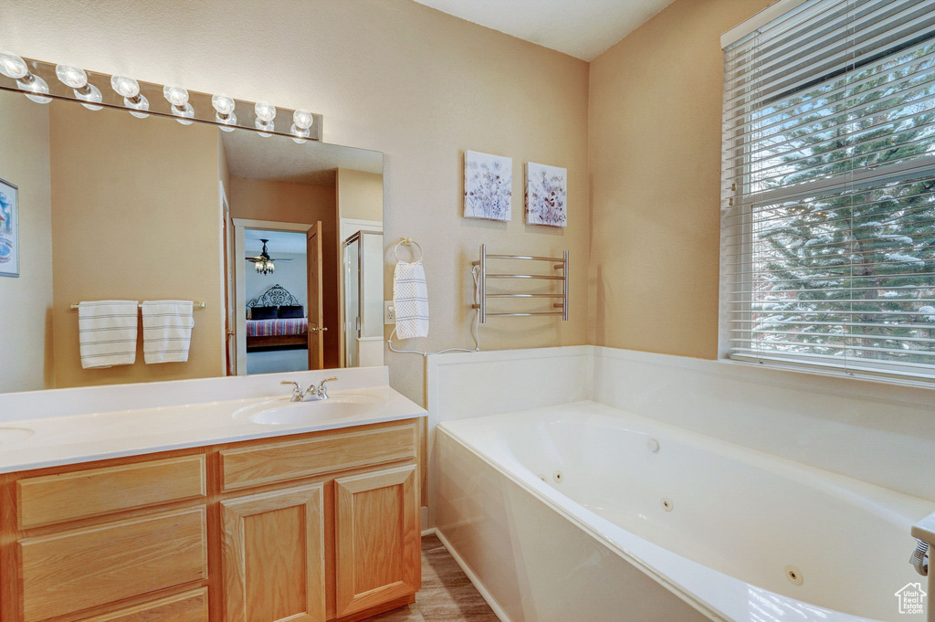 Bathroom featuring vanity with extensive cabinet space and a bathing tub