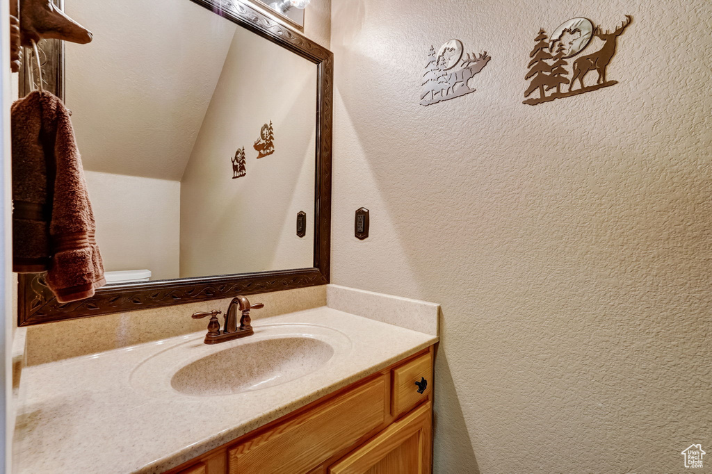 Bathroom featuring vanity, toilet, and lofted ceiling