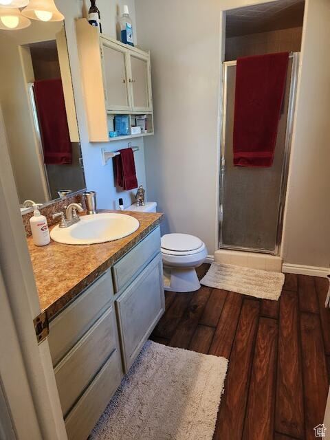 Bathroom with wood-type flooring, vanity with extensive cabinet space, toilet, and a shower with door