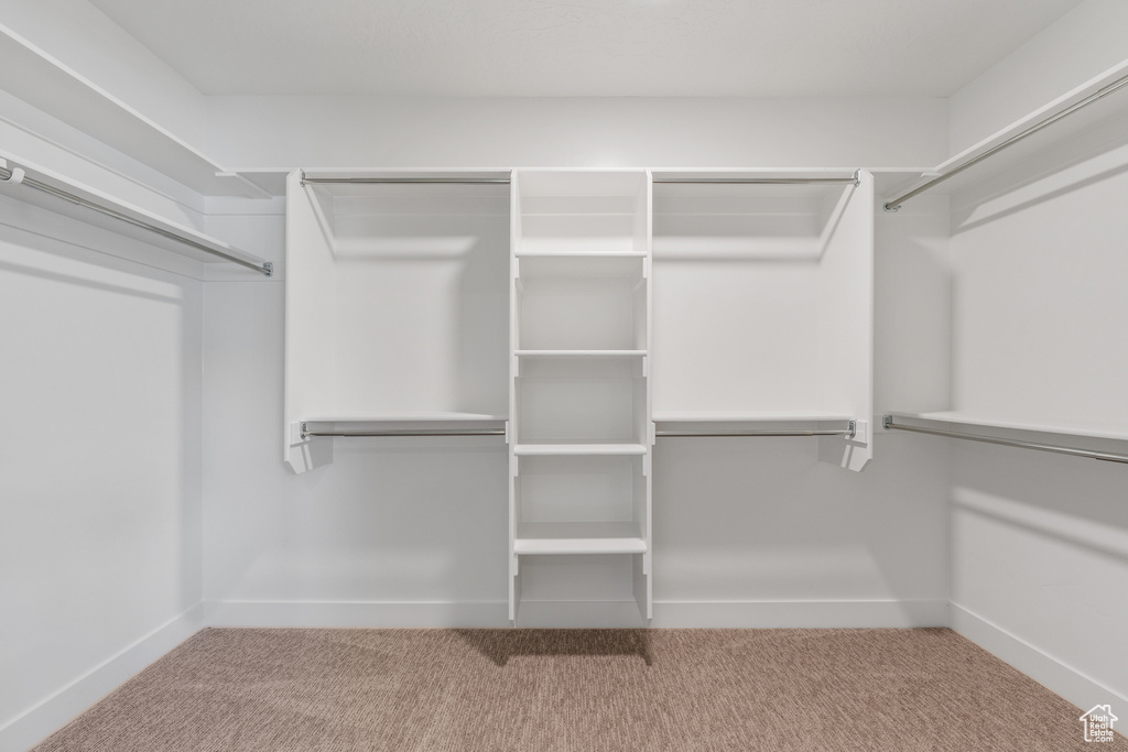 Walk in closet with light colored carpet