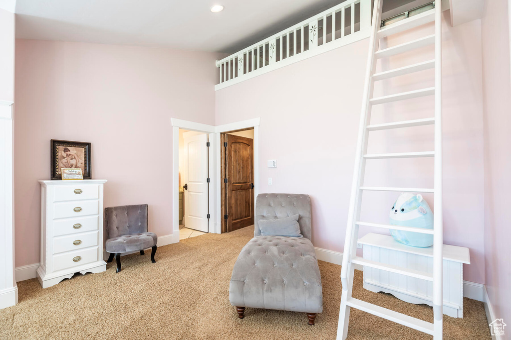 Living area with light carpet and lofted ceiling