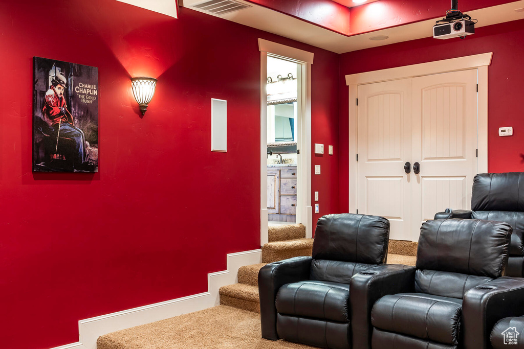 Carpeted home theater room featuring sink