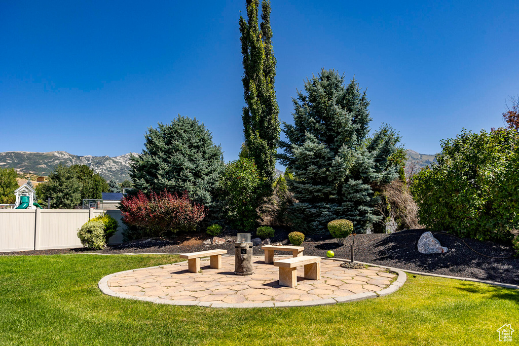 View of yard with a patio area and a mountain view