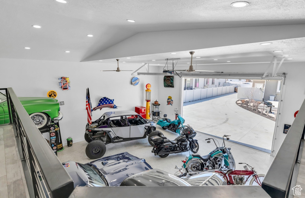 Garage with ceiling fan