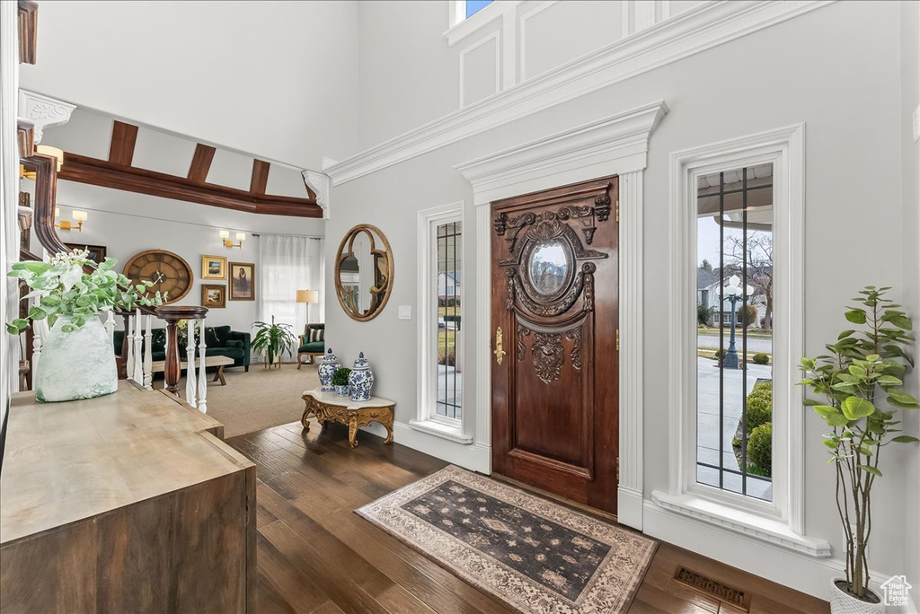 Entrance foyer with a wealth of natural light, dark hardwood / wood-style floors, and a towering ceiling