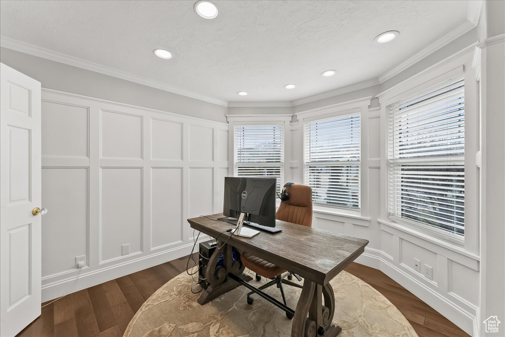 Office area featuring crown molding and dark hardwood / wood-style floors