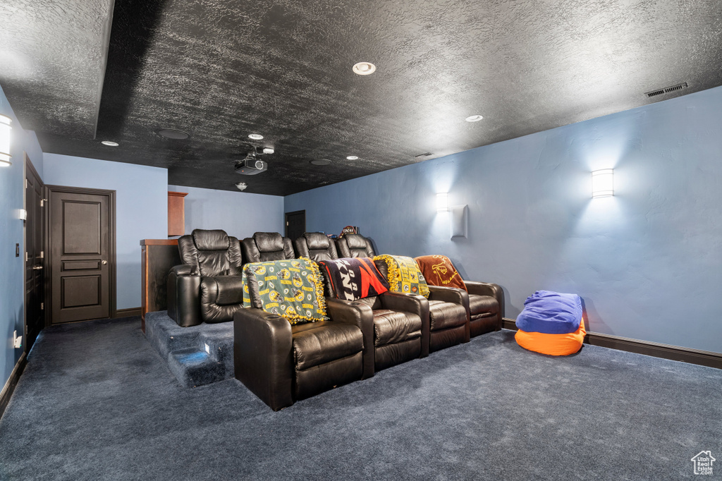 Home theater room with a textured ceiling and dark carpet