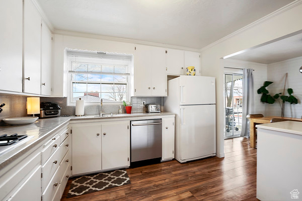 Kitchen with backsplash, stainless steel dishwasher, dark wood-type flooring, a wealth of natural light, and white fridge