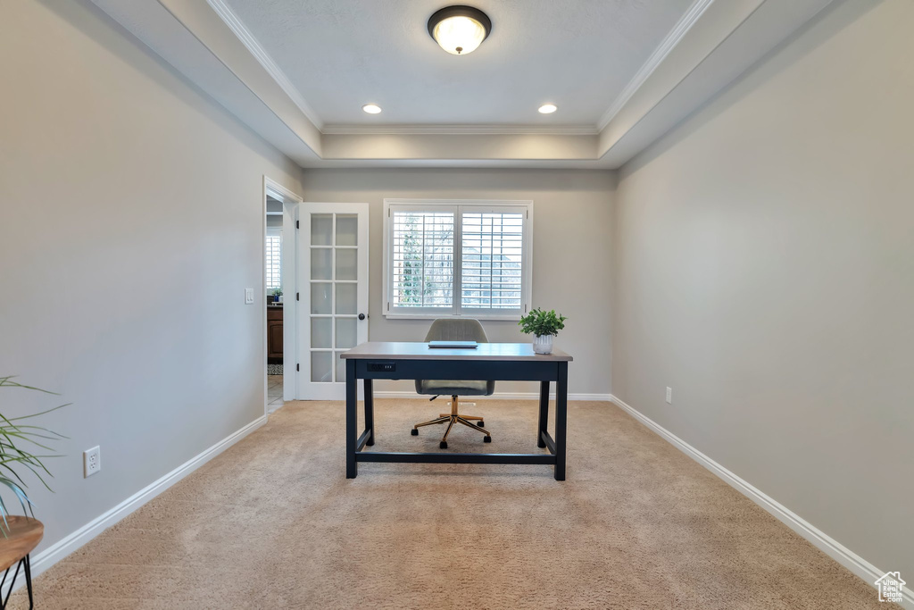 Office space featuring ornamental molding, a tray ceiling, and light colored carpet