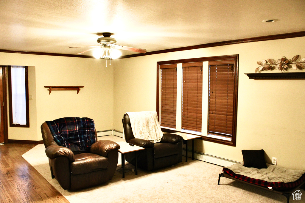Sitting room featuring ornamental molding, a baseboard heating unit, and ceiling fan