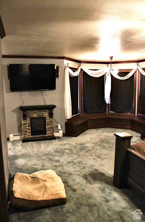 Bedroom with carpet floors, baseboard heating, and a fireplace