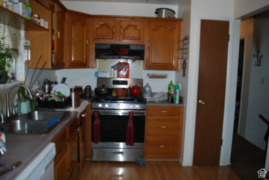 Kitchen featuring exhaust hood, stainless steel range, sink, light hardwood / wood-style flooring, and white dishwasher