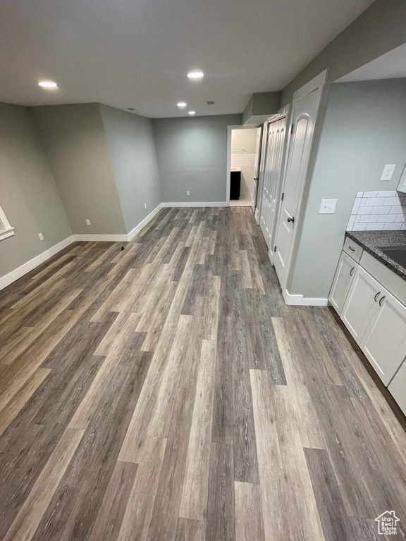 Basement with dark hardwood / wood-style floors