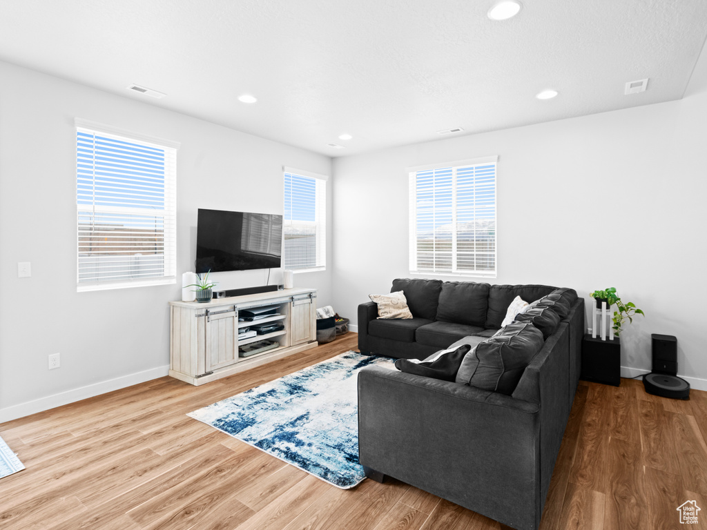 Living room featuring light hardwood / wood-style flooring and a healthy amount of sunlight