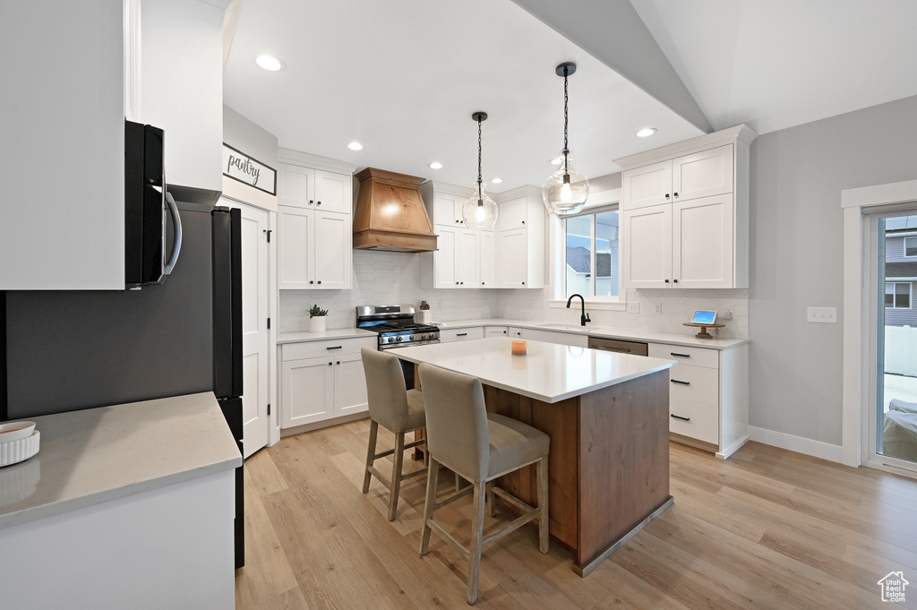 Kitchen featuring white cabinets, stainless steel appliances, premium range hood, and light hardwood / wood-style floors