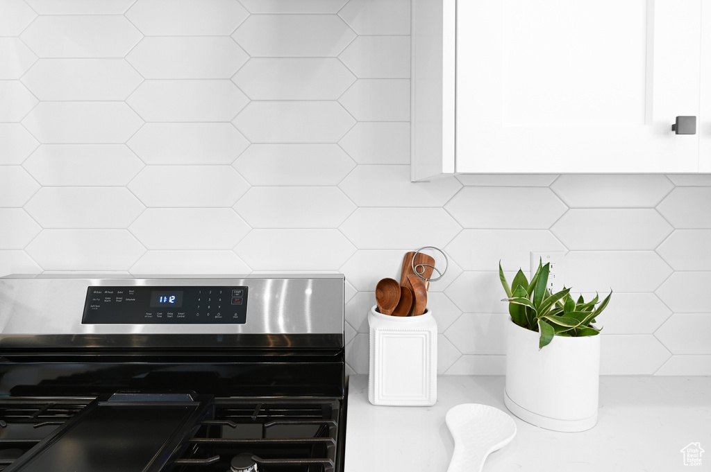 Room details featuring backsplash and stainless steel stove