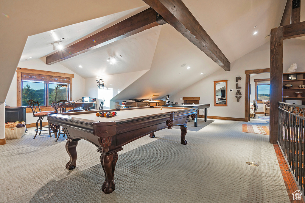 Rec room featuring vaulted ceiling with beams, light colored carpet, and pool table