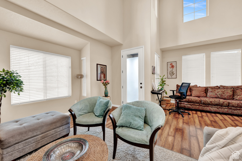 Living room featuring a towering ceiling, light hardwood / wood-style floors, and plenty of natural light