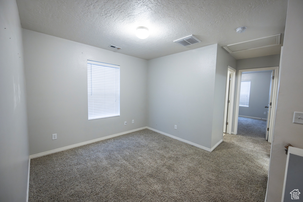 Carpeted spare room with a textured ceiling and a healthy amount of sunlight