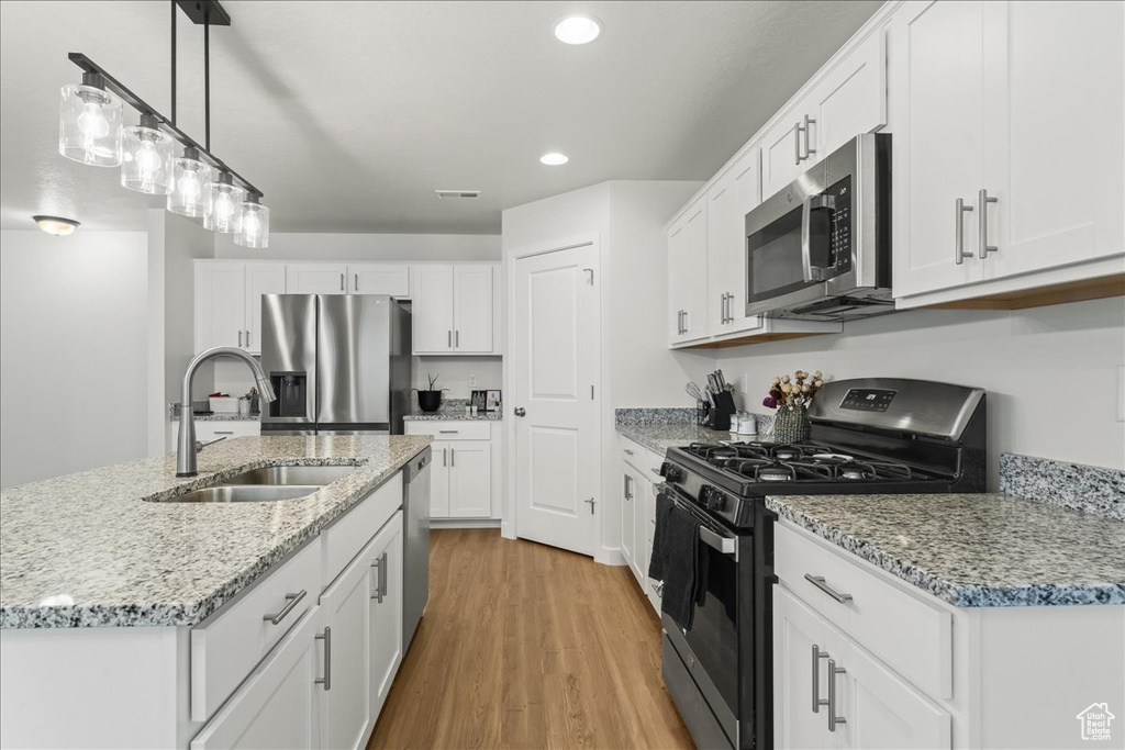Kitchen with white cabinets, stainless steel appliances, light hardwood / wood-style floors, sink, and an island with sink