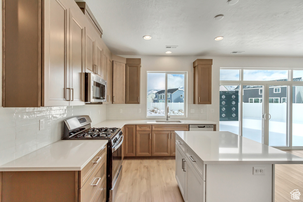 Kitchen with sink, tasteful backsplash, light hardwood / wood-style floors, a kitchen island, and stainless steel appliances