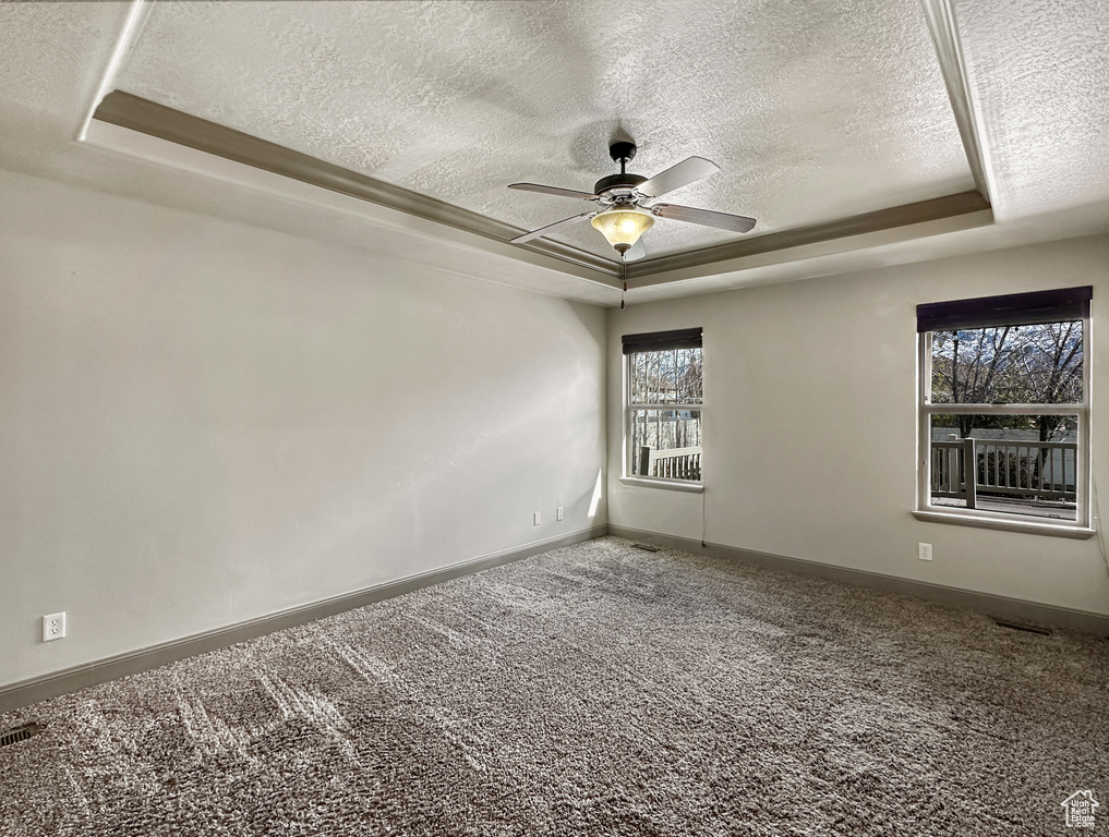 Unfurnished room with carpet, a tray ceiling, and ceiling fan