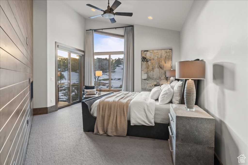 Bedroom featuring high vaulted ceiling, carpet floors, access to outside, and ceiling fan