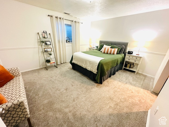Bedroom featuring light colored carpet and a textured ceiling
