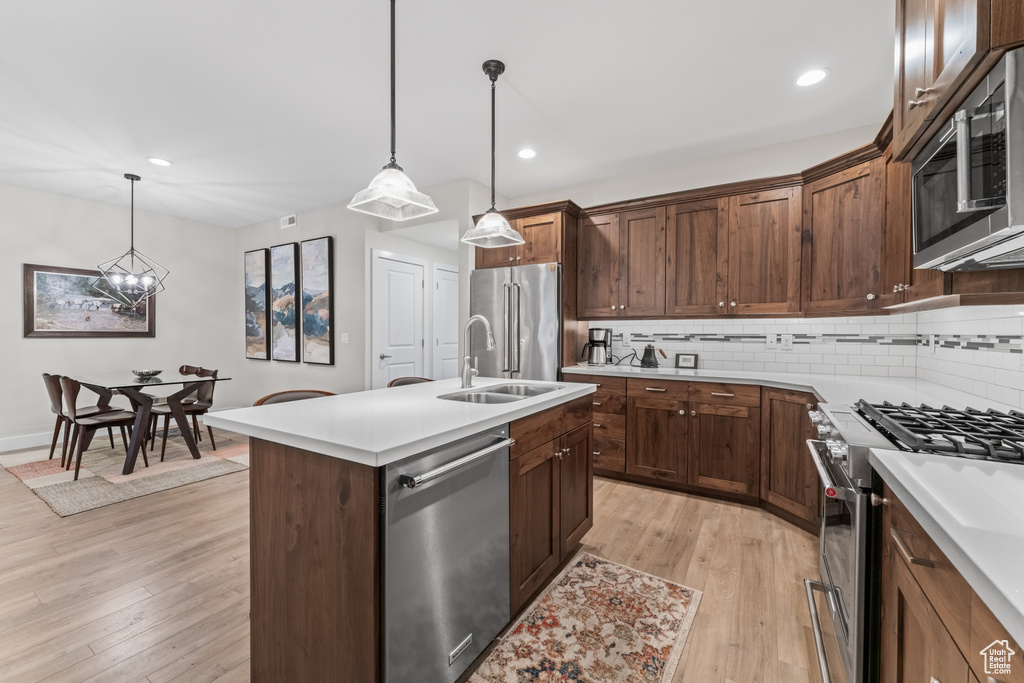 Kitchen with high end appliances, pendant lighting, and light hardwood / wood-style floors
