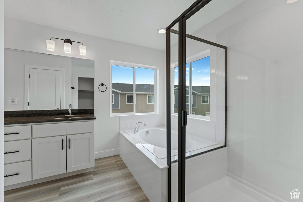 Bathroom with independent shower and bath, vanity with extensive cabinet space, and hardwood / wood-style floors