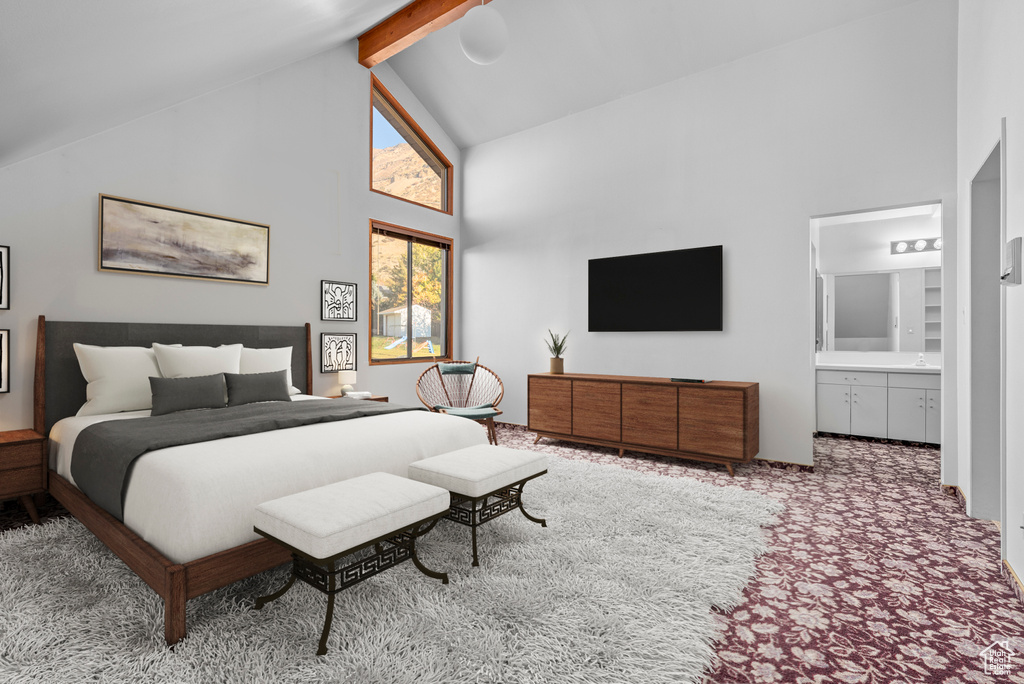 Carpeted bedroom with high vaulted ceiling, connected bathroom, and beam ceiling