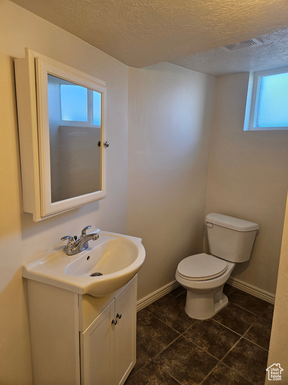 Bathroom featuring plenty of natural light, a textured ceiling, toilet, and vanity
